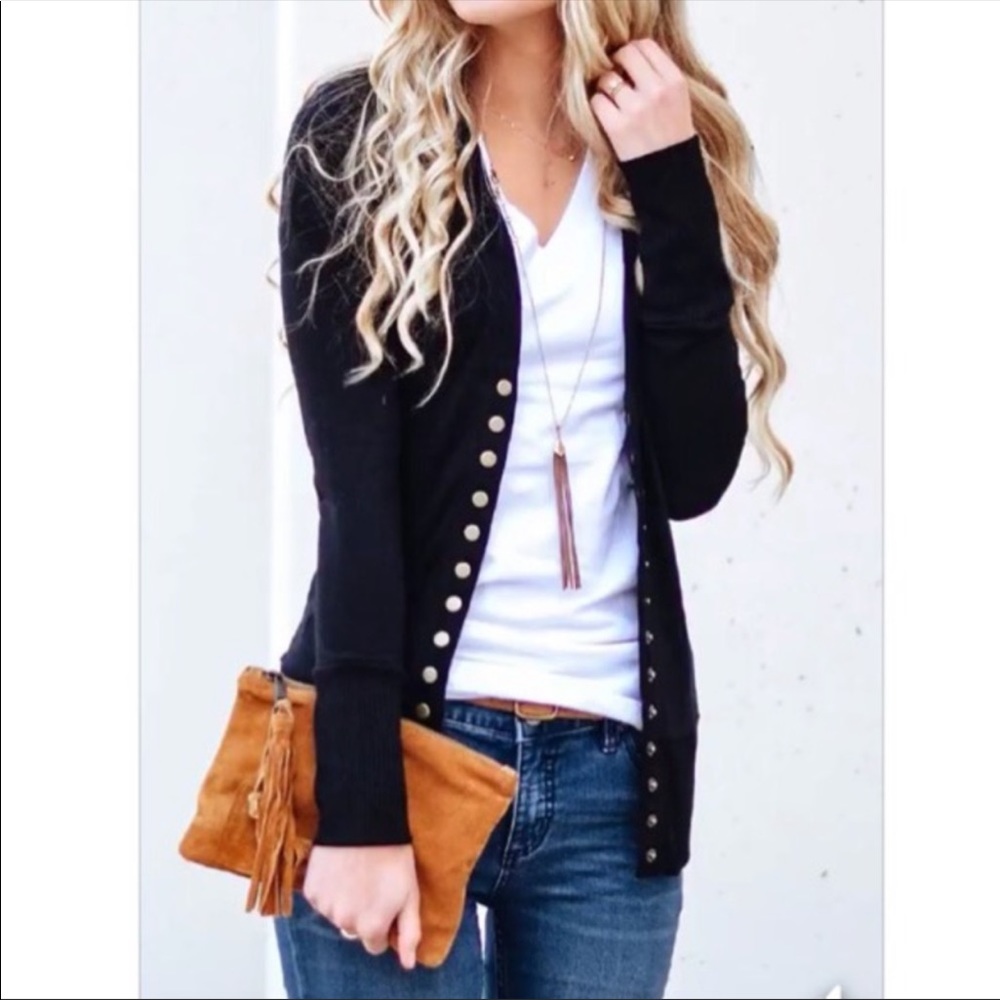 Black Snap front long sleeves knit cardigan